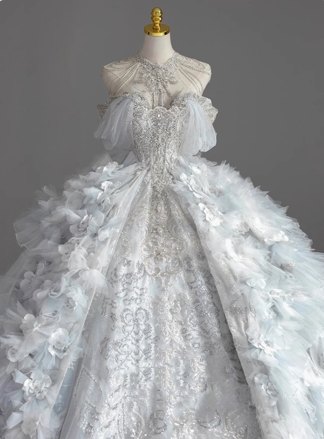 French princess strapless blue shiny beaded luxurious floor-length wedding dress P2664