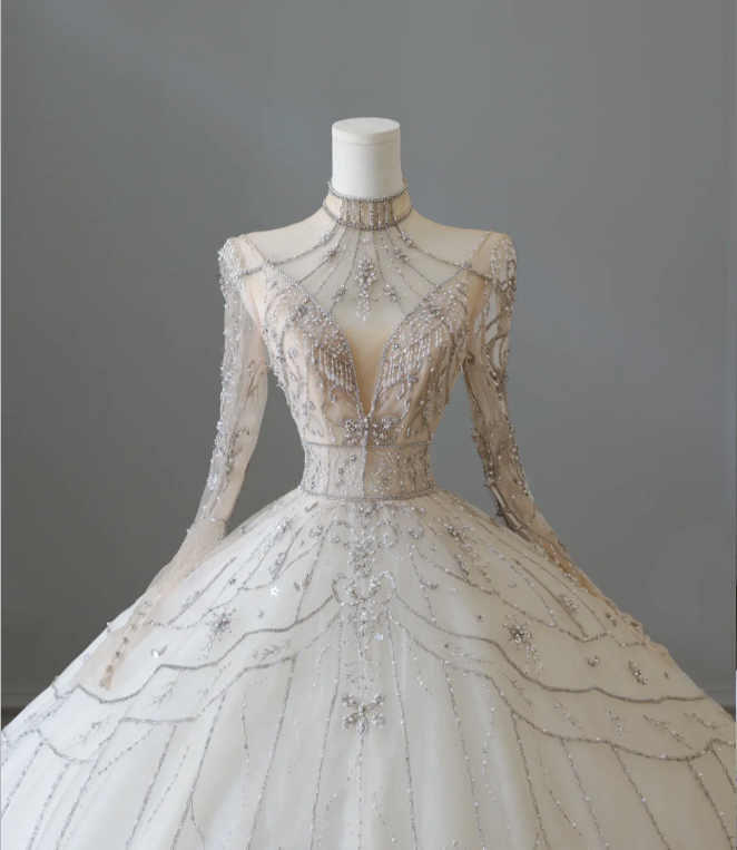 Glittering Rhinestone Long Sleeve Tulle A-Line Floor-Length Wedding Dress P2564