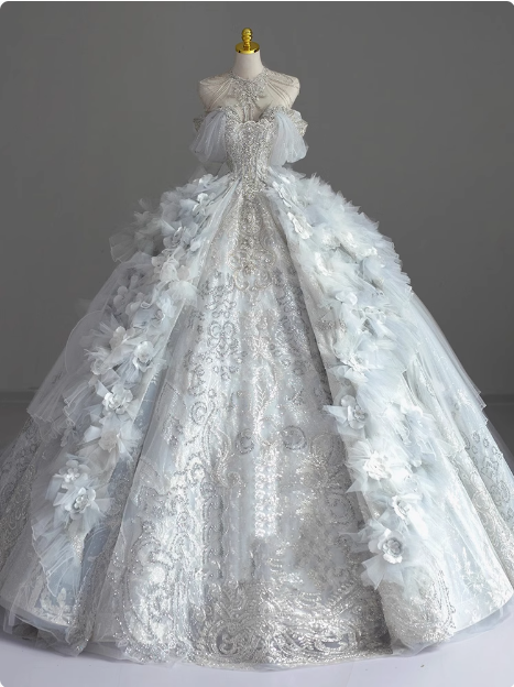 French princess strapless blue shiny beaded luxurious floor-length wedding dress P2664