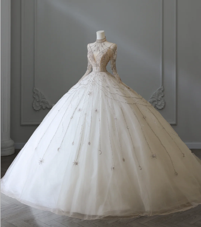 Glittering Rhinestone Long Sleeve Tulle A-Line Floor-Length Wedding Dress P2564