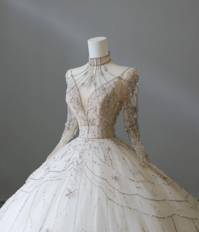 Glittering Rhinestone Long Sleeve Tulle A-Line Floor-Length Wedding Dress P2564