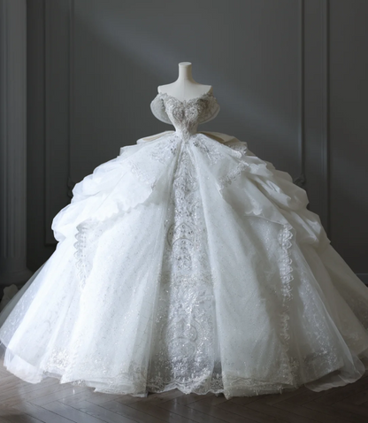 Vintage French Princess Off-the-shoulder Tulle Beaded Floor-length Wedding Dress P2565