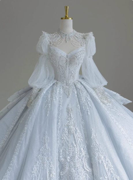 French blue princess long sleeves shiny beaded heavy work luxury floor-length wedding dress P2665