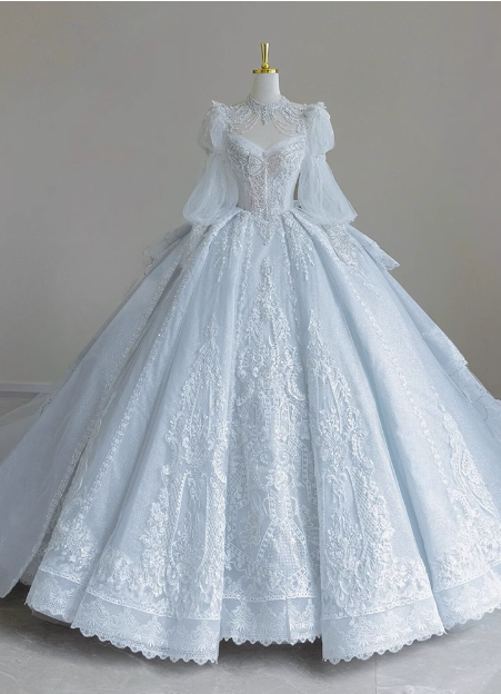 French blue princess long sleeves shiny beaded heavy work luxury floor-length wedding dress P2665