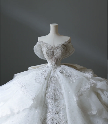 Vintage French Princess Off-the-shoulder Tulle Beaded Floor-length Wedding Dress P2565