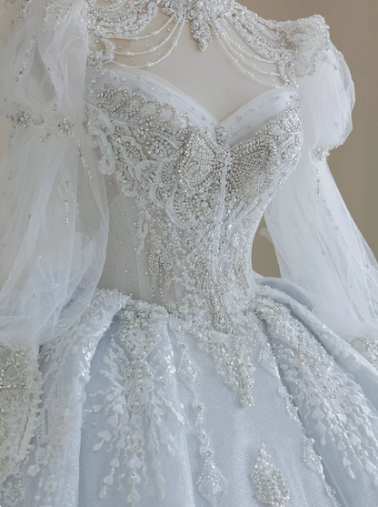 French blue princess long sleeves shiny beaded heavy work luxury floor-length wedding dress P2665