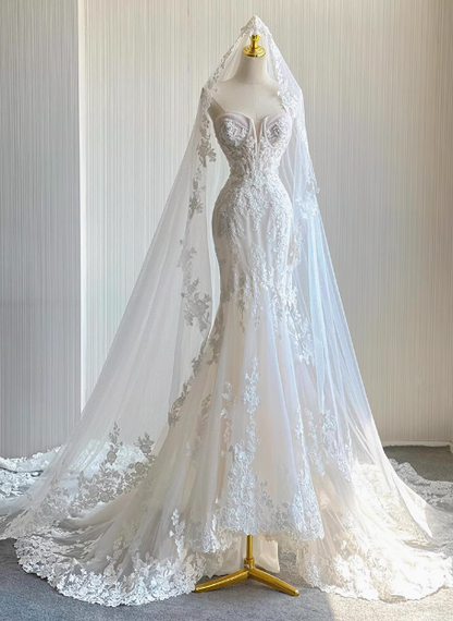 French Retro Fishtail Off-shoulder Lace Wedding Dress with Train P2666