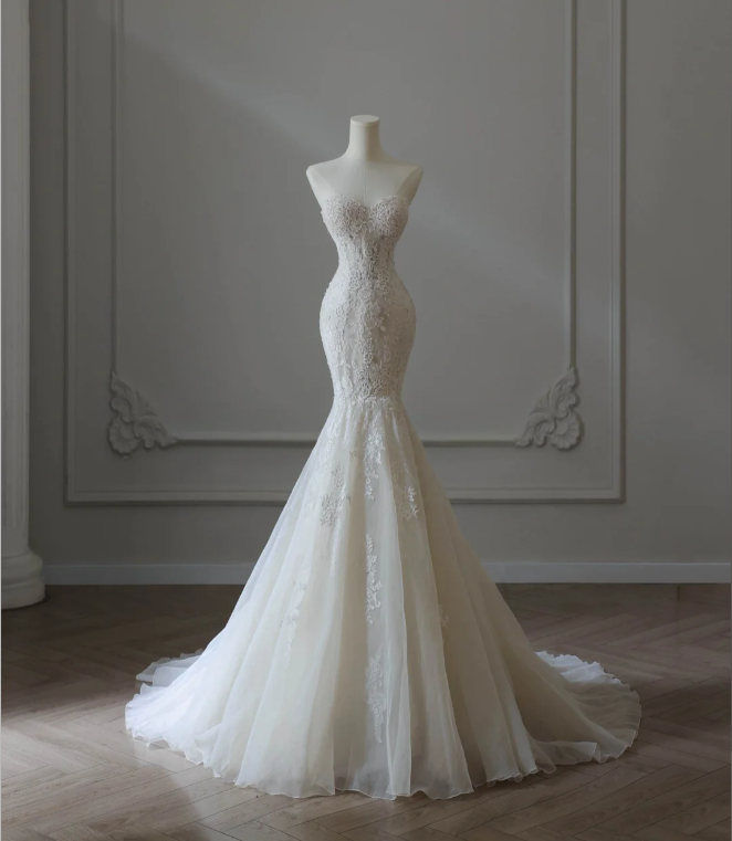 French Lace Strapless White Mermaid Wedding Dress P2567