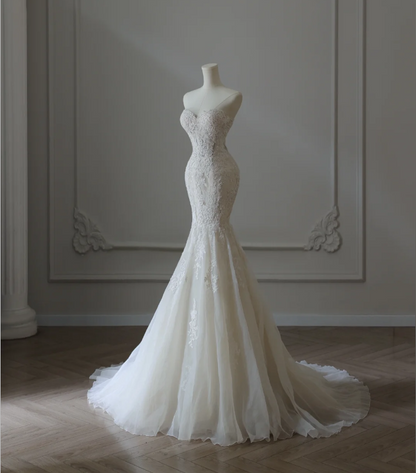 French Lace Strapless White Mermaid Wedding Dress P2567