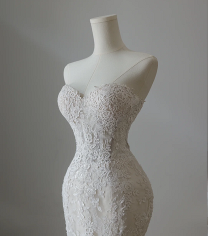 French Lace Strapless White Mermaid Wedding Dress P2567