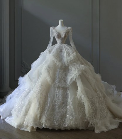 Vintage French Palace Round Neck Long Sleeve Sequined Floor-Length Wedding Dress P2568