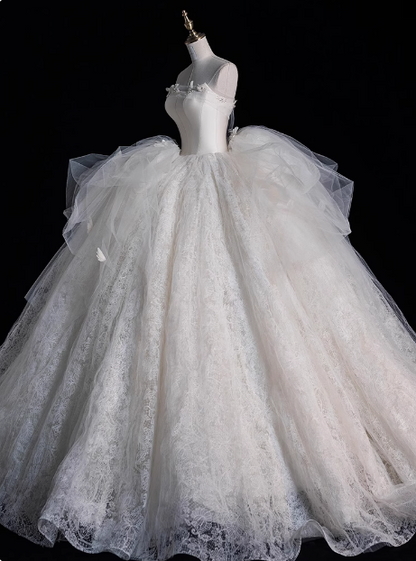 Elegant and simple white strapless tulle lace floor-length wedding dress P2668