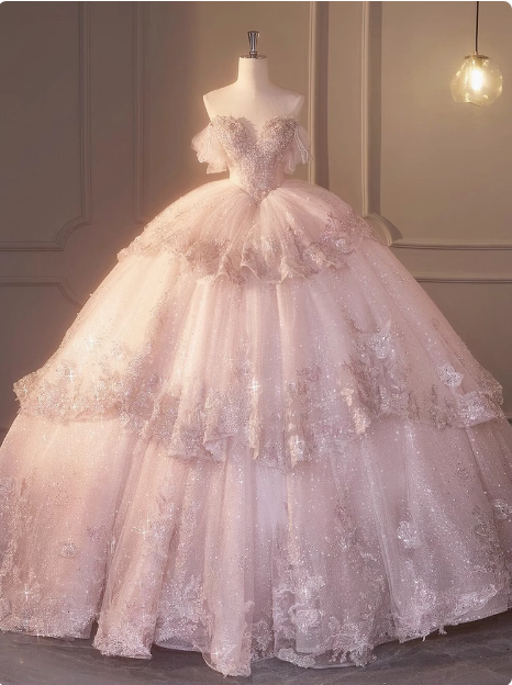 Dreamy Pink Off-the-shoulder Sparkling Beaded Layered Tulle Floor-length Wedding Dress P2669