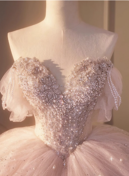 Dreamy Pink Off-the-shoulder Sparkling Beaded Layered Tulle Floor-length Wedding Dress P2669