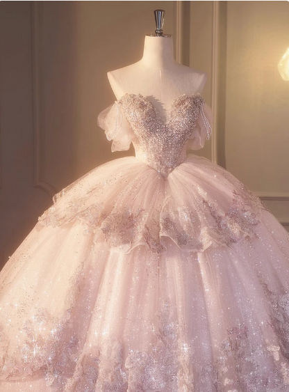 Dreamy Pink Off-the-shoulder Sparkling Beaded Layered Tulle Floor-length Wedding Dress P2669