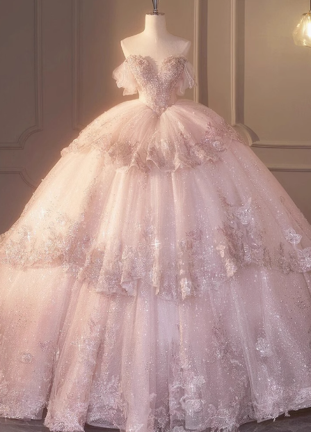 Dreamy Pink Off-the-shoulder Sparkling Beaded Layered Tulle Floor-length Wedding Dress P2669