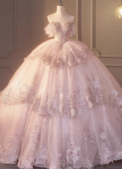 Dreamy Pink Off-the-shoulder Sparkling Beaded Layered Tulle Floor-length Wedding Dress P2669