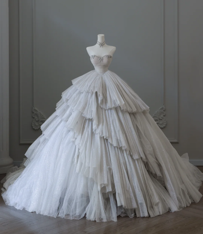 Glittering Galaxy Sweetheart Neck Layered Tulle A-Line Floor-Length Wedding Dress P2570