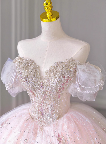 Princess one-shoulder pink French tulle beaded luxury floor-length wedding dress P2670