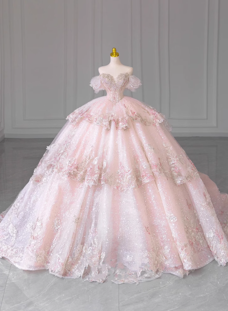 Princess one-shoulder pink French tulle beaded luxury floor-length wedding dress P2670