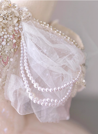 Princess one-shoulder pink French tulle beaded luxury floor-length wedding dress P2670