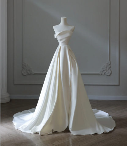 Simple and Elegant White Satin A-Line Wedding Dress P2571