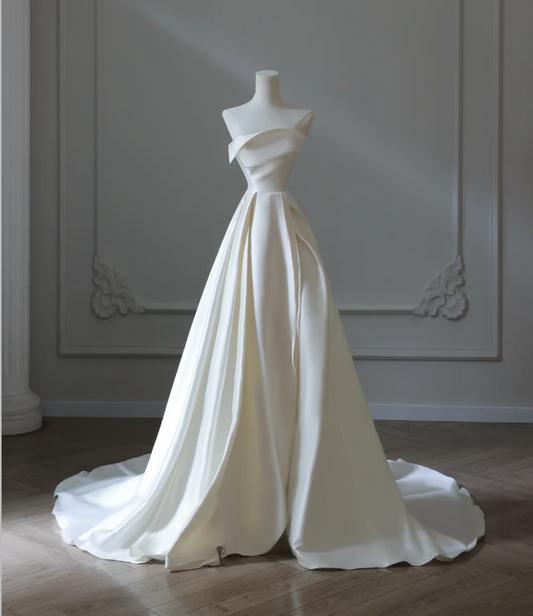 Simple and Elegant White Satin A-Line Wedding Dress P2571