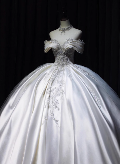 Elegant French Long Sleeve Satin Shiny Beaded Bow Floor-Length Wedding Dress P2672