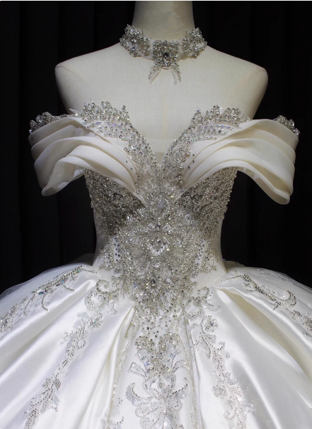 Elegant French Long Sleeve Satin Shiny Beaded Bow Floor-Length Wedding Dress P2672