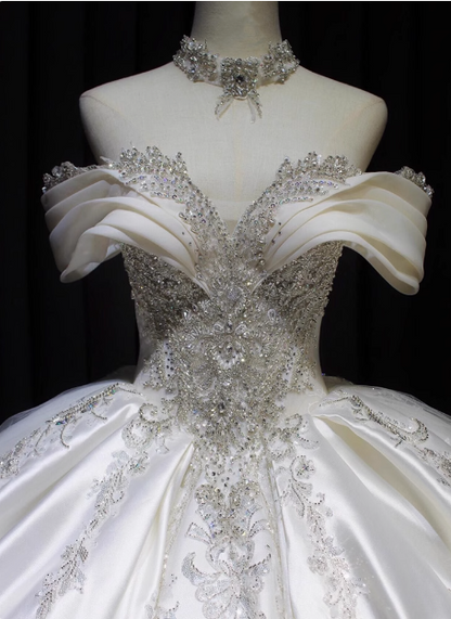 Elegant French Long Sleeve Satin Shiny Beaded Bow Floor-Length Wedding Dress P2672