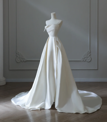 Simple and Elegant White Satin A-Line Wedding Dress P2571