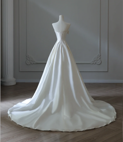Simple and Elegant White Satin A-Line Wedding Dress P2571