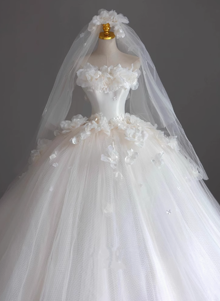 Elegant tube top flower princess tulle white floor-length wedding dress P2673