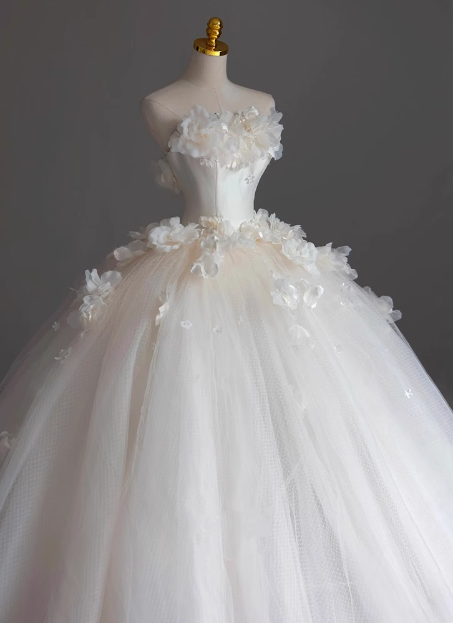 Elegant tube top flower princess tulle white floor-length wedding dress P2673