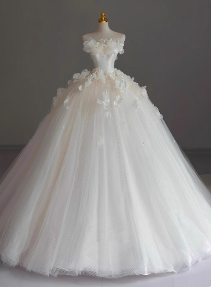 Elegant tube top flower princess tulle white floor-length wedding dress P2673