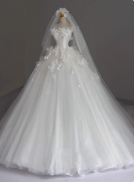 Elegant tube top flower princess tulle white floor-length wedding dress P2673