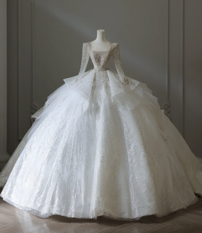 Elegant Square Neck Long Sleeve Beaded Tulle Floor Length Wedding Dress P2574