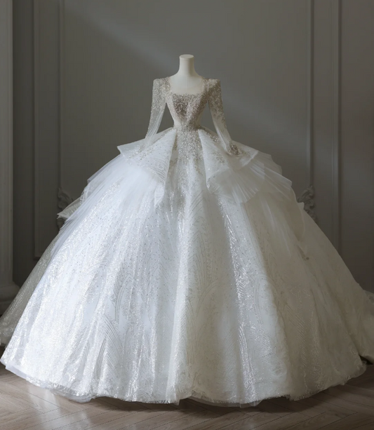 Elegant Square Neck Long Sleeve Beaded Tulle Floor Length Wedding Dress P2574