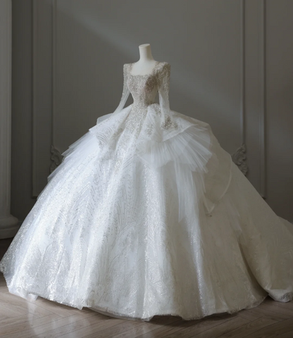 Elegant Square Neck Long Sleeve Beaded Tulle Floor Length Wedding Dress P2574