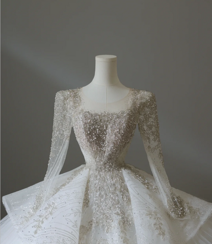 Elegant Square Neck Long Sleeve Beaded Tulle Floor Length Wedding Dress P2574
