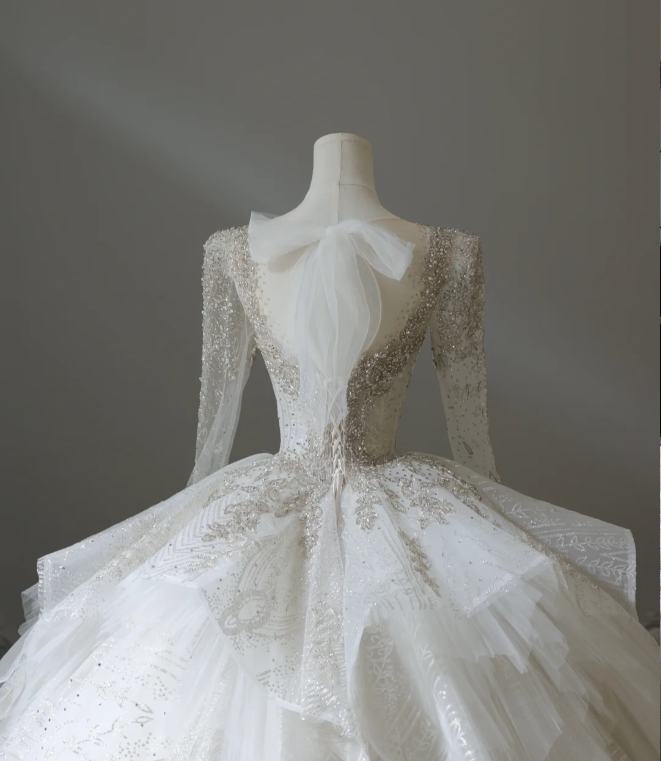 Elegant Square Neck Long Sleeve Beaded Tulle Floor Length Wedding Dress P2574