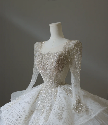 Elegant Square Neck Long Sleeve Beaded Tulle Floor Length Wedding Dress P2574
