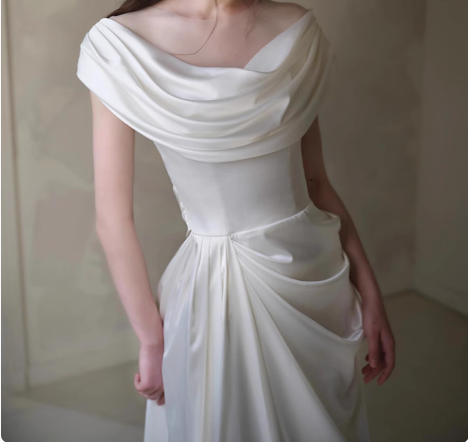 Elegant high-end satin off-the-shoulder floor-length wedding dress P2676