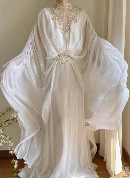 Elegant and flowing white lace chiffon high-neck wedding dress P2679