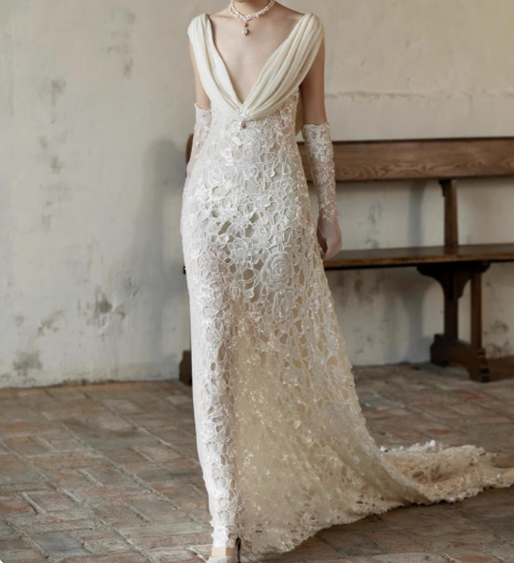 Sexy white deep V-neck lace sash mermaid wedding dress with train P2680