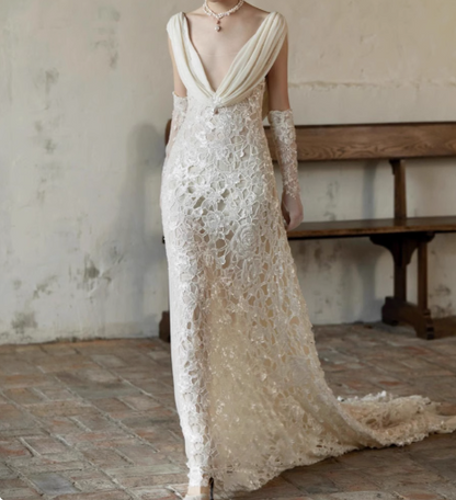 Sexy white deep V-neck lace sash mermaid wedding dress with train P2680