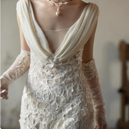 Sexy white deep V-neck lace sash mermaid wedding dress with train P2680