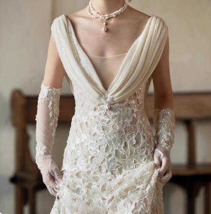 Sexy white deep V-neck lace sash mermaid wedding dress with train P2680