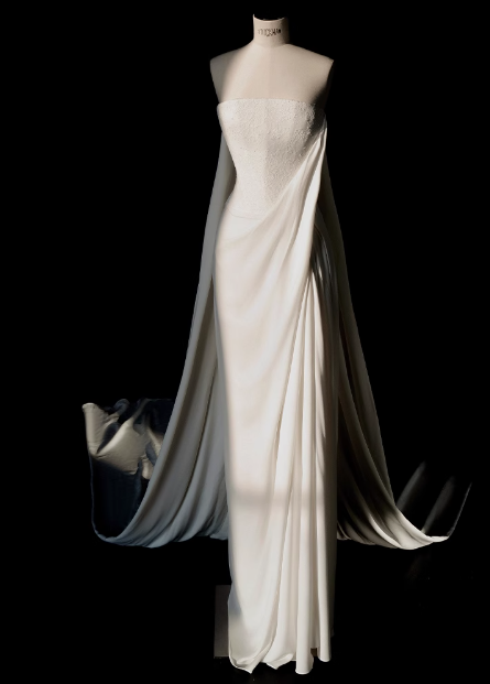 Elegant white strapless chiffon mermaid wedding dress P2681