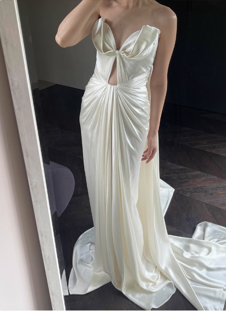 Designer French off-shoulder heart-shaped neckline white satin mermaid wedding gown with train P2682